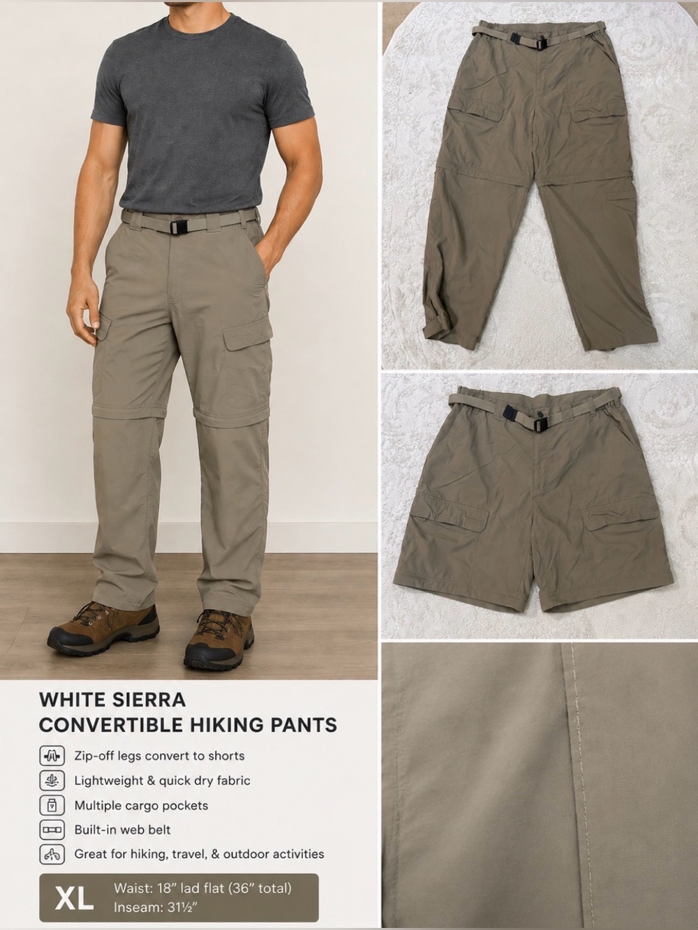 White Sierra Convertible Hiking Pants XL Khaki Zip Off‎ Cargo Trail Outdoor